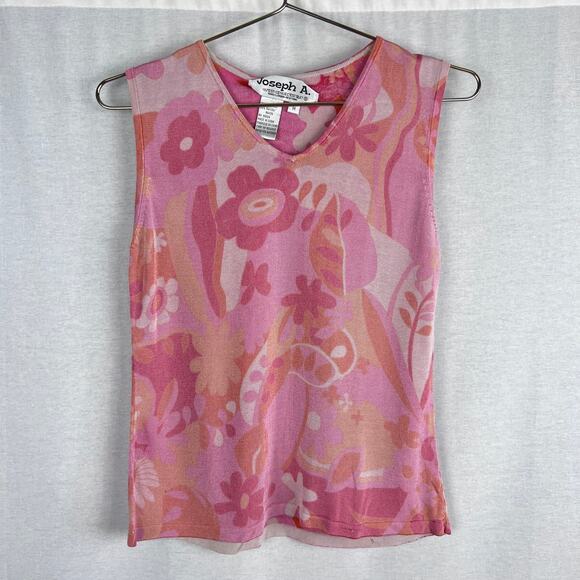Vintage Joseph A Top Groovy Floral Tank Pink Silk Rave Festival Artsy Maximalist - Picture 1 of 6